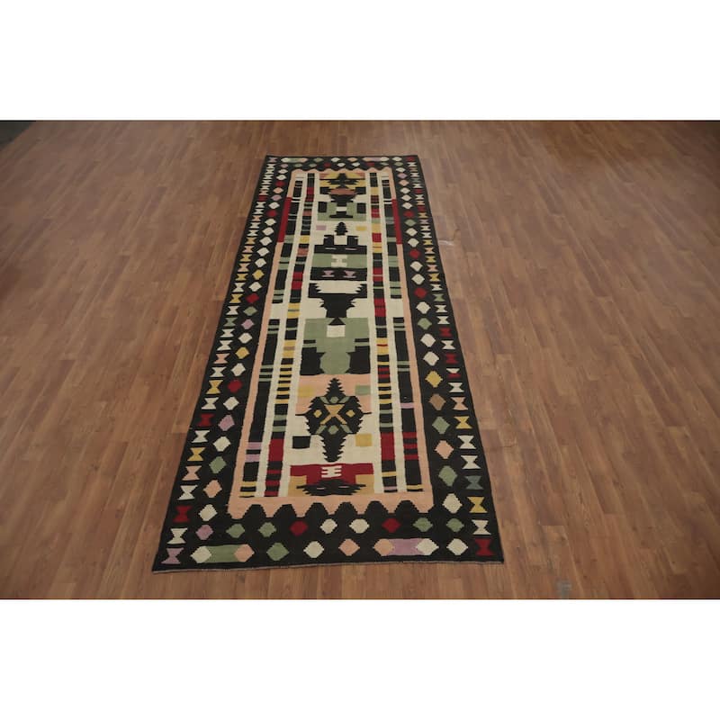 Hand Woven Oriental 100% Wool Carpet Southwestern Tribal Multi-Colored Kilim Runner Rug - 12' 1'' X 4' 1''