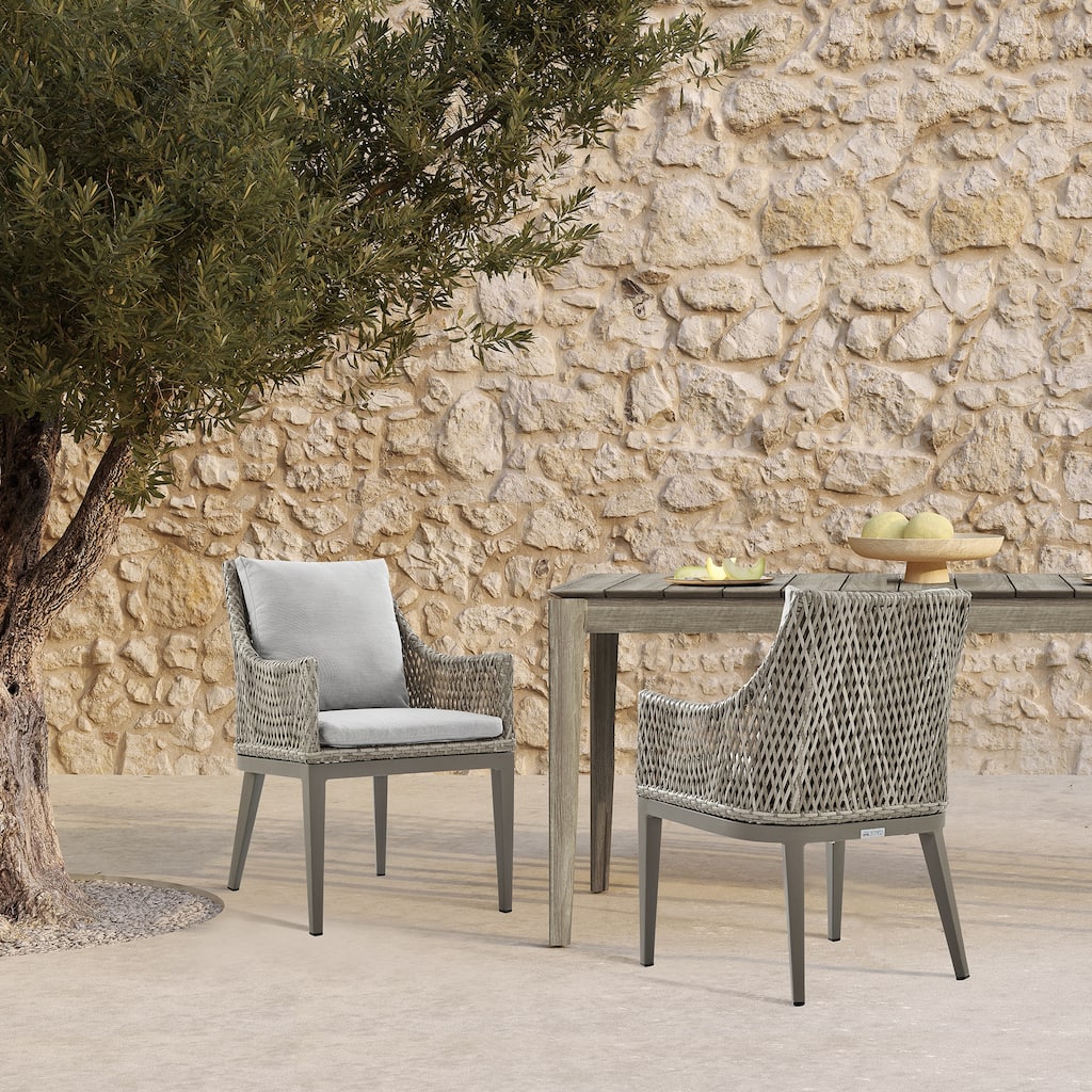 Silvana Outdoor Wicker and Aluminum Gray Dining Chairs with Beige Cushions - Set of 2