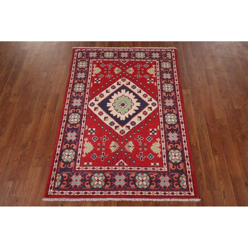 Geometric Red Kazak Oriental Foyer Rug Hand-Knotted Wool Carpet - 3'3" x 4'9"