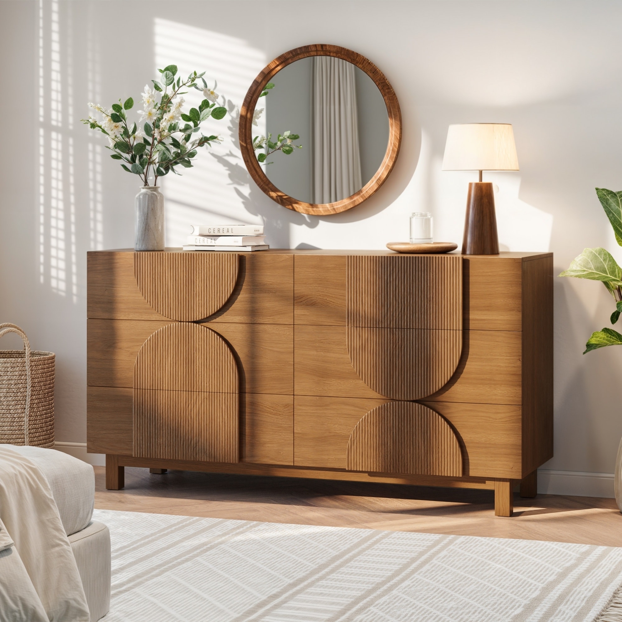 6 Drawer Dresser, Modern Fluted Wood Dresser, Chest of Drawers with Solid Wood Legs, 60" Wide Storage Cabinet & Accent Console