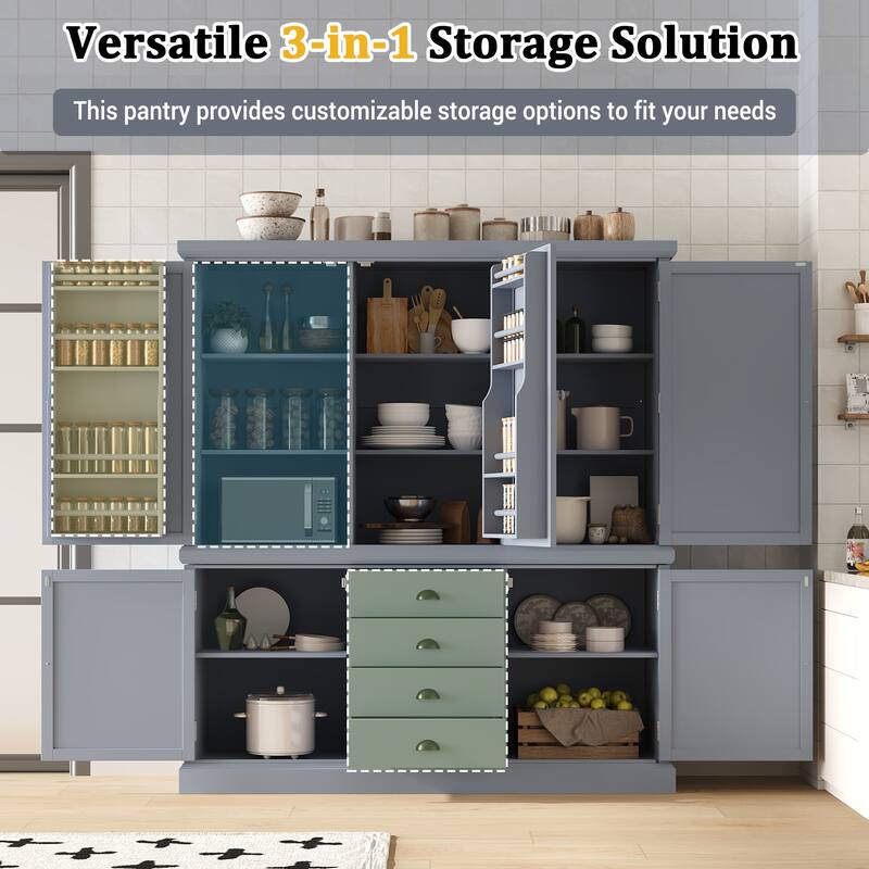 Roomfitters Kitchen Pantry Organizers and Storage Kitchen Cabinet, Hutch with Microwave Stand, 4 Drawers, Spice Racks