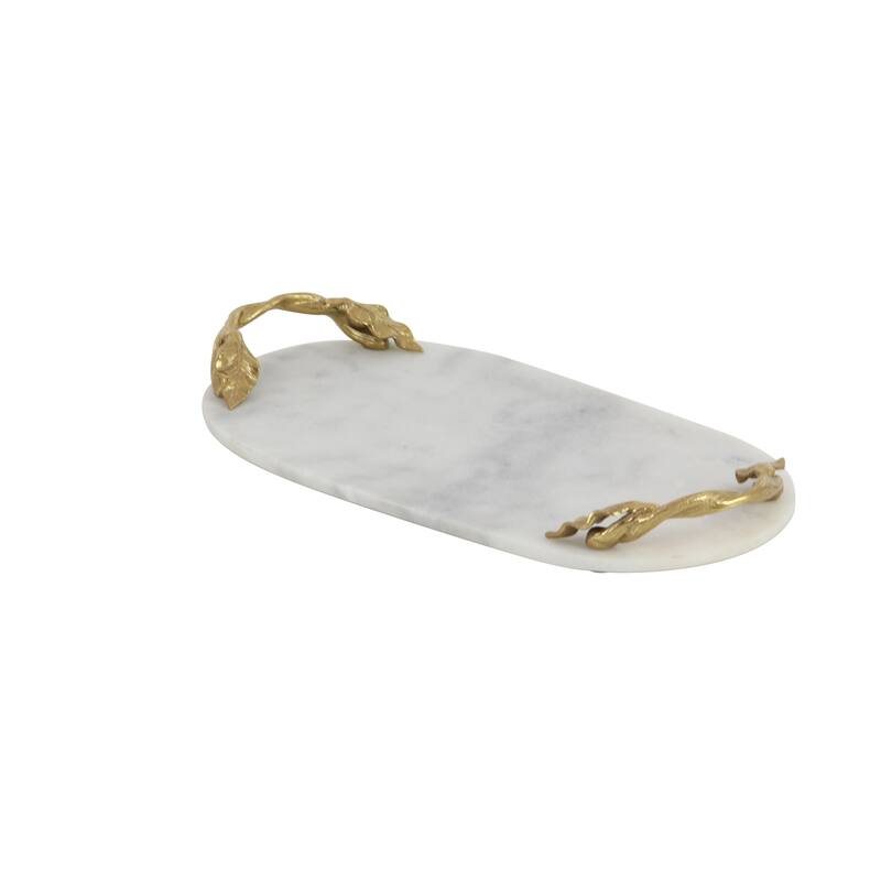 White Marble Oval or Rectangular Tray with Gold Twisted Leaf Handles