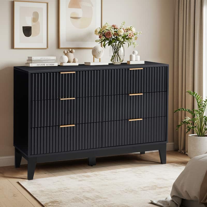 EROMMY Fluted 6-Drawer Dresser – Mid Century Modern Wide Chest with Metal Handles for Bedroom & Living Room