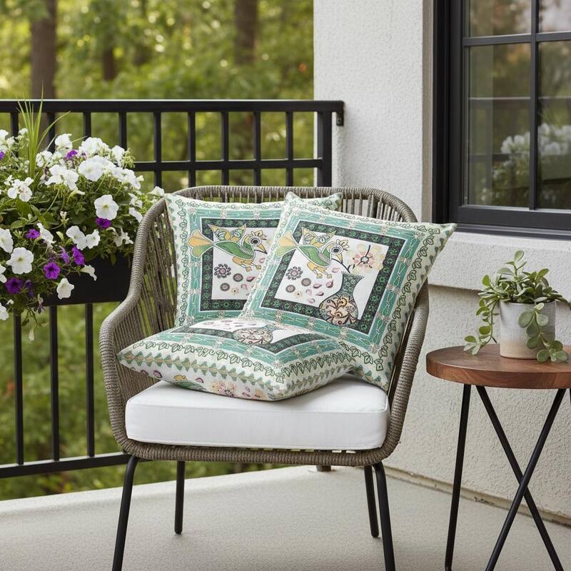 HomeRoots Set of Two 16" X 16" Green and White Peacock Blown Seam Floral Indoor Outdoor Throw Pillow - 16.00' X '16.00' X '5.00 - Green/White - 16.00' X '16.00' X '5.00