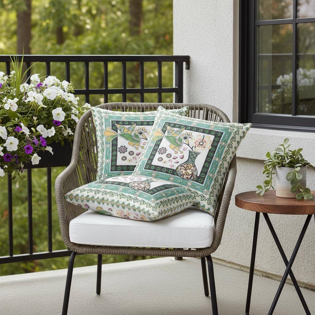 HomeRoots Set of Two 16" X 16" Green and White Peacock Blown Seam Floral Indoor Outdoor Throw Pillow - 16.00' X '16.00' X '5.00