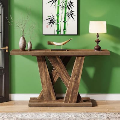 Brown MDF Farmhouse Console Table with Geometric Base for Entryway - 55.12” L x 11.61” W x 32.28” H