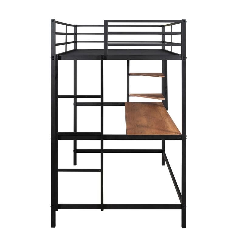 Black Twin Metal Loft Bed with Integrated Desk and Shelving Unit
