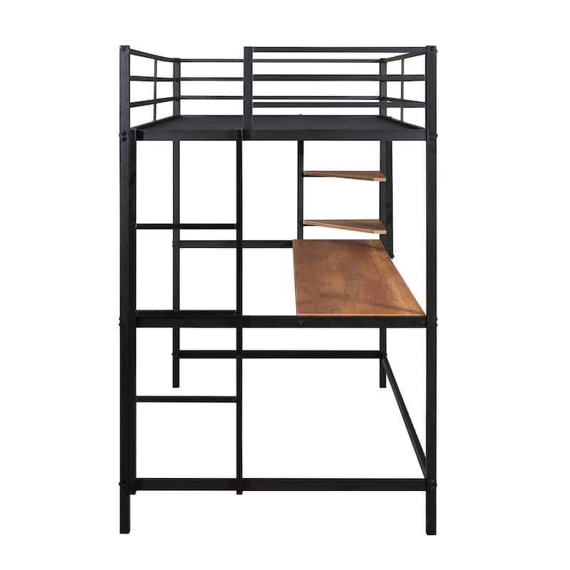 Metal High Loft Bed with Wooden Desk and Shelves, Heavy Duty Twin Size Metal Loftbed Frame with Ladder and Guardrail