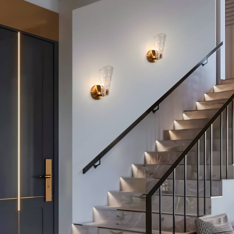 Fenro Modern Brass Wall Sconce Glass Art Deco Bathroom Vanity Light - Electroplated Gold - L4.7"*W5.9"*H10.6"