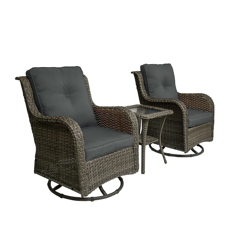 3-Piece Patio Rattan Swivel Cushioned Rocking Chair Set With Side Table