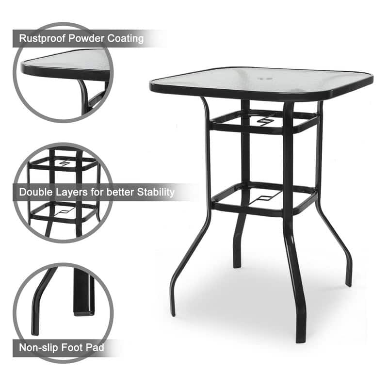31.5 Inch Square Outdoor Bar Height Table with Tempered Glass Tabletop & Umbrella Hole - N/A