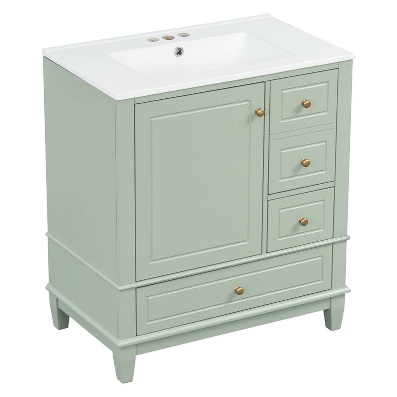 Bathroom Vanity with Ceramic Sink, Free Standing Single Basin Vanity Set with 2-Tier Storage, 3 Drawers & 1 Door