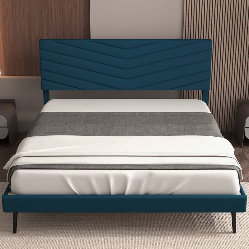 Platform Bed Frame with Adjustable Headboard, Velvet Upholstered