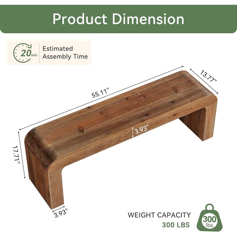 Solid Wood Dining Bench, 55" Modern Farmhouse Entryway Bench Indoor, End of Bed Bench - 55" W × 13.8" D × 17.7" H