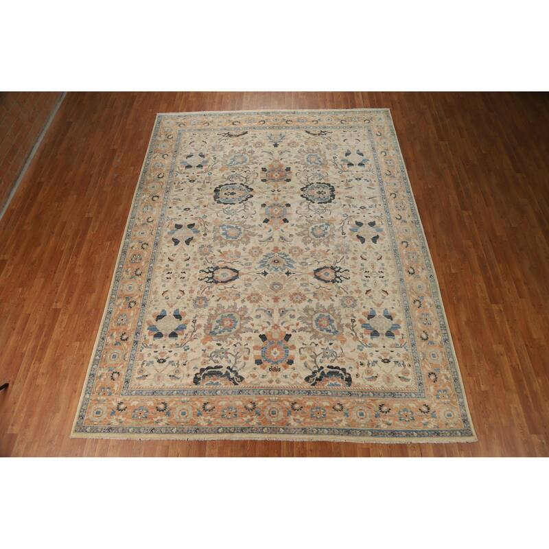 Hand Knotted Oriental 100% Wool Carpet Transitional All-Over Beige & Ivories Oushak Area Rug - 11' 10'' X 9' 0''