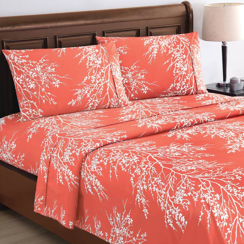 4-Piece Spring Foliage Bed Sheet and Pillowcase Set - Coral - Full