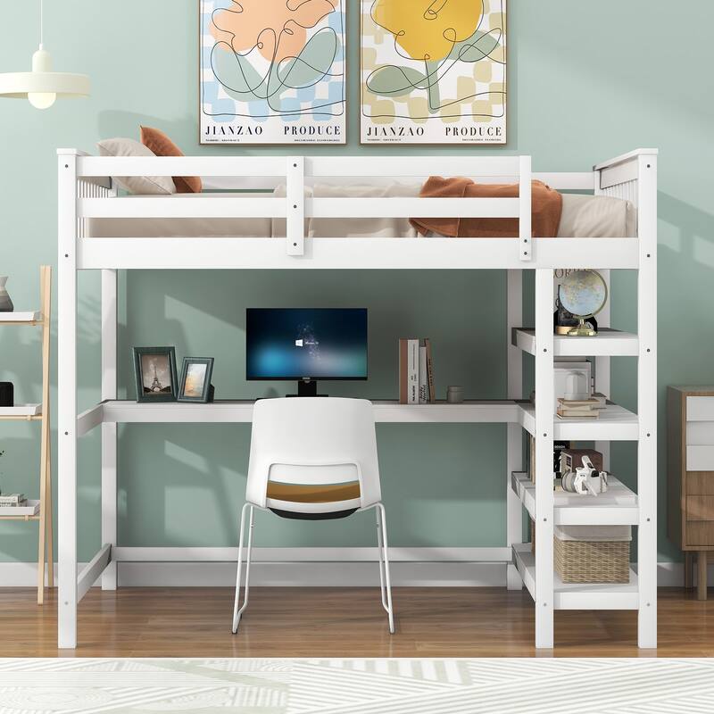 Full/Twin Size Loft Bed with Under-bed Desk & Storage Shelves, Space-Saving Design, Solid Pine Frame, No Box Spring Required