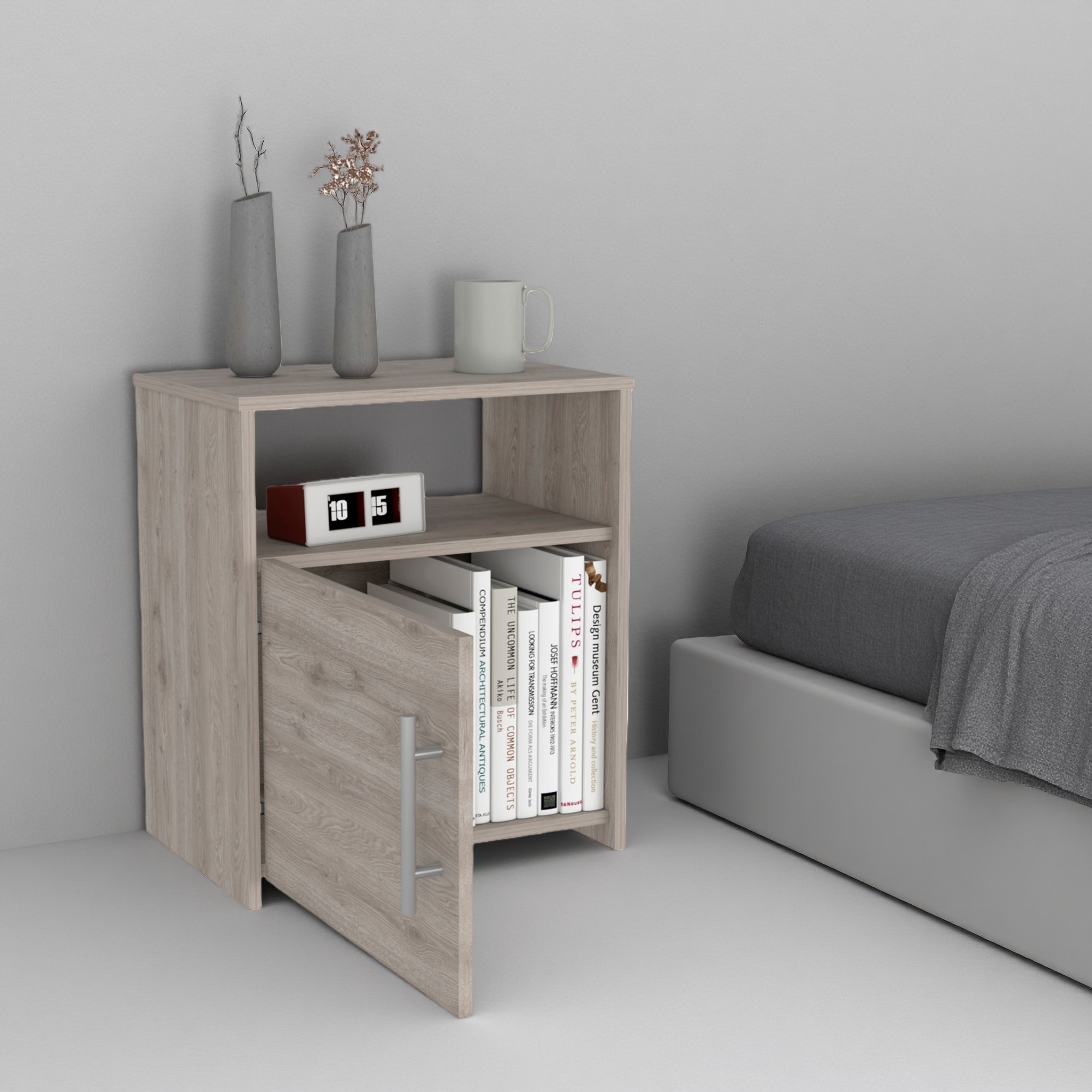 19.88"L Compact Modern Durable Nightstand with One Cabinet and Small Shelf, Minimalist Bedside Table