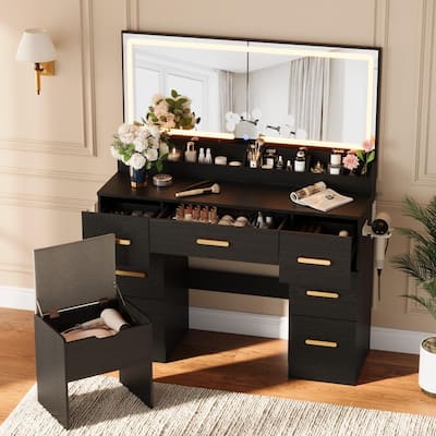 45.9" Vanity Desk with LED Mirror, Power Outlet, 7 Drawers