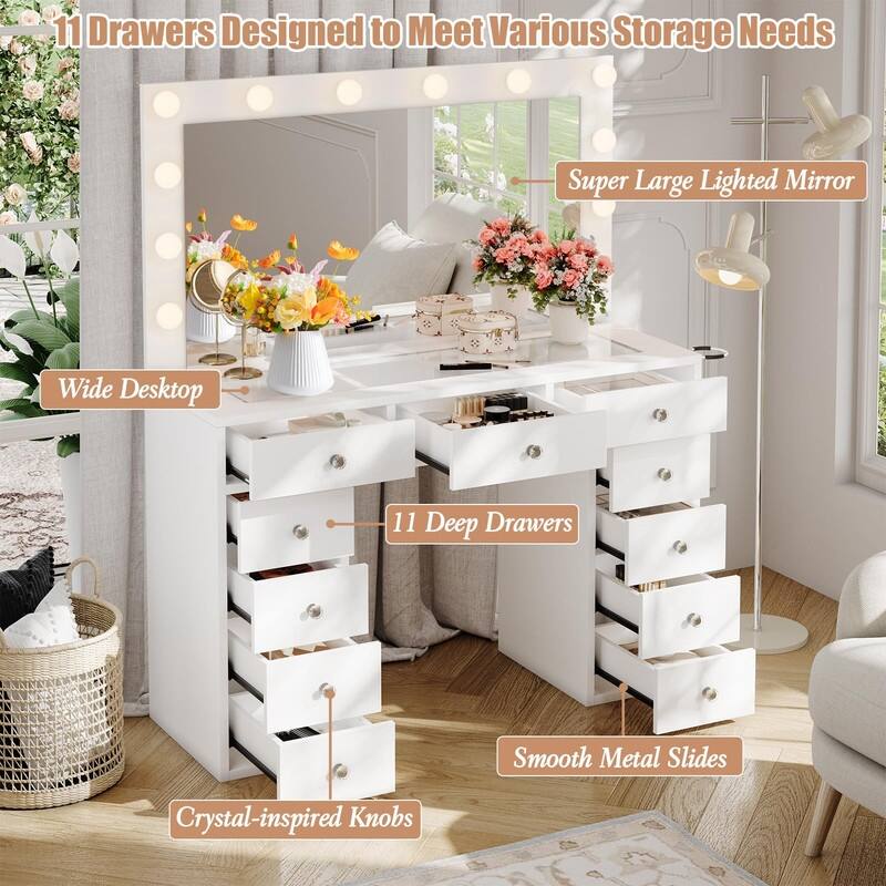White Vanity with LED Mirror, 11 Drawers, Glass Top & Charging Station