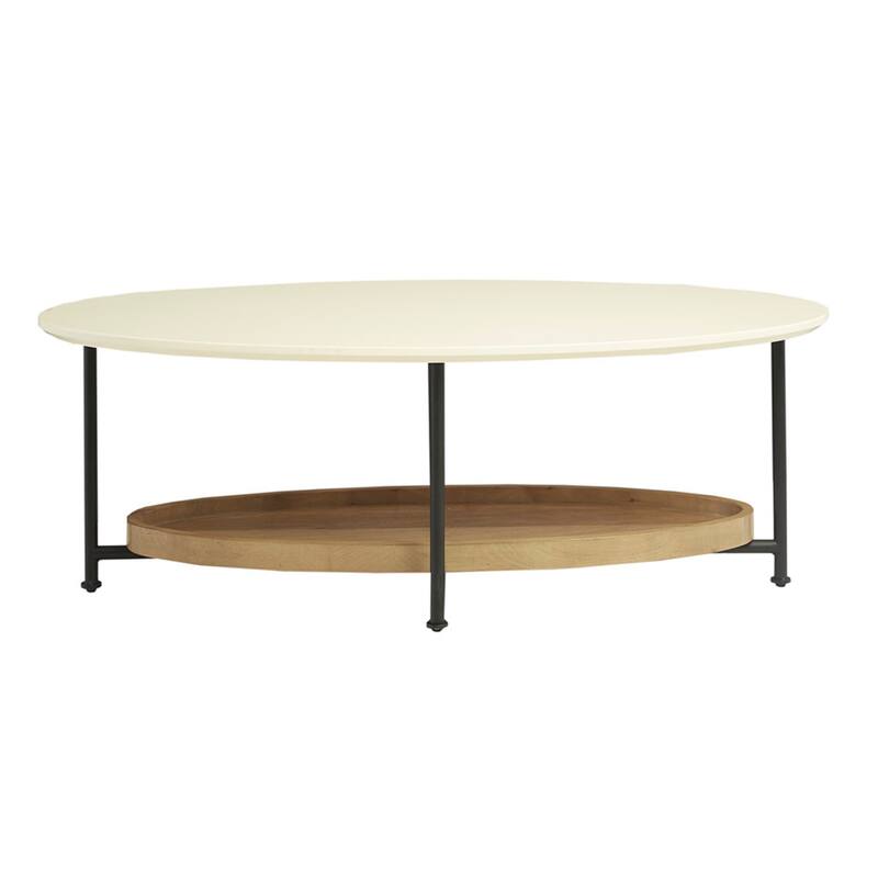 Roomfitters 48-Inch Oval Coffee Table, Contemporary White Top with Natural Wood Lower Shelf and Black Metal Legs
