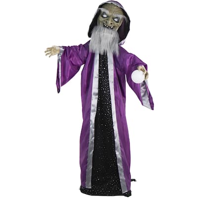 Haunted Hill Farm The Great Zoltan Animatronic Talking Wizard with Movement and Light-Up Crystal Ball for Halloween Decoration