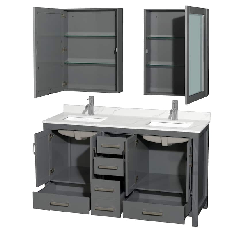 Sheffield 60-inch Double Vanity, Single Hole Quartz Top, Med Cabinets