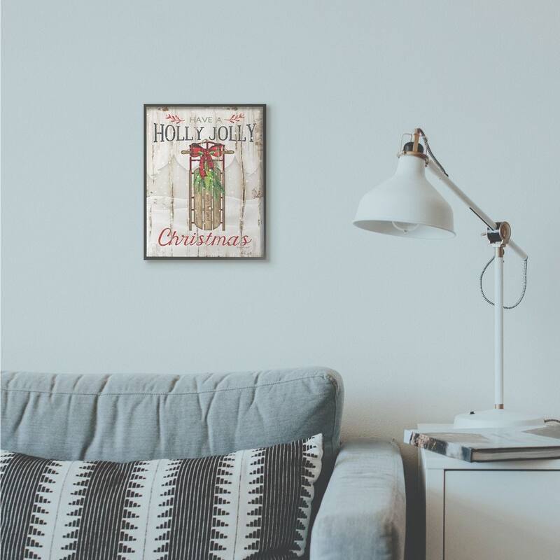 Stupell Holly Jolly Christmas Sleigh Wood Texture Holiday Word Design Framed Wall Art, Proudly Made in USA