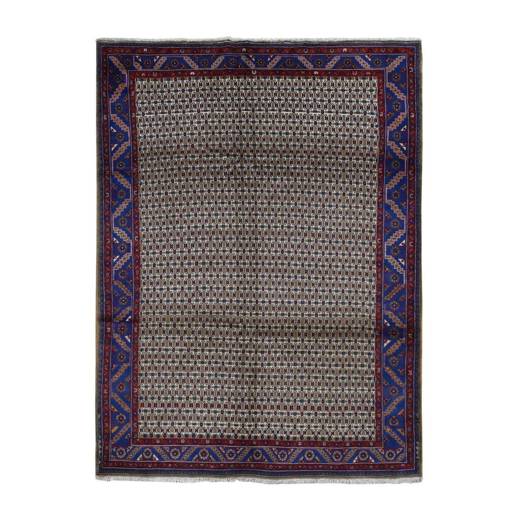 Shahbanu Rugs Khaki Brown New Persian Serrib Trellis All Over Design Camel Hair Pure Wool Hand Knotted Oriental Rug (6'8"x9'1")