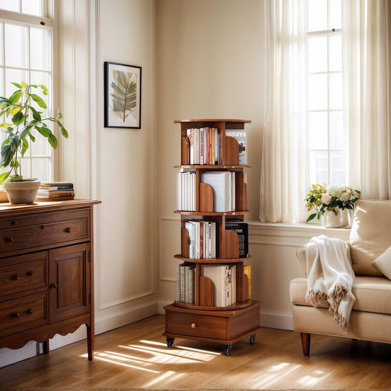Rotating Bookshelf with Drawer,360 Display 5 Tier Bookshelf,Floor Standing Bookcase Storage Rack,Narrow Book Shelf Organizer