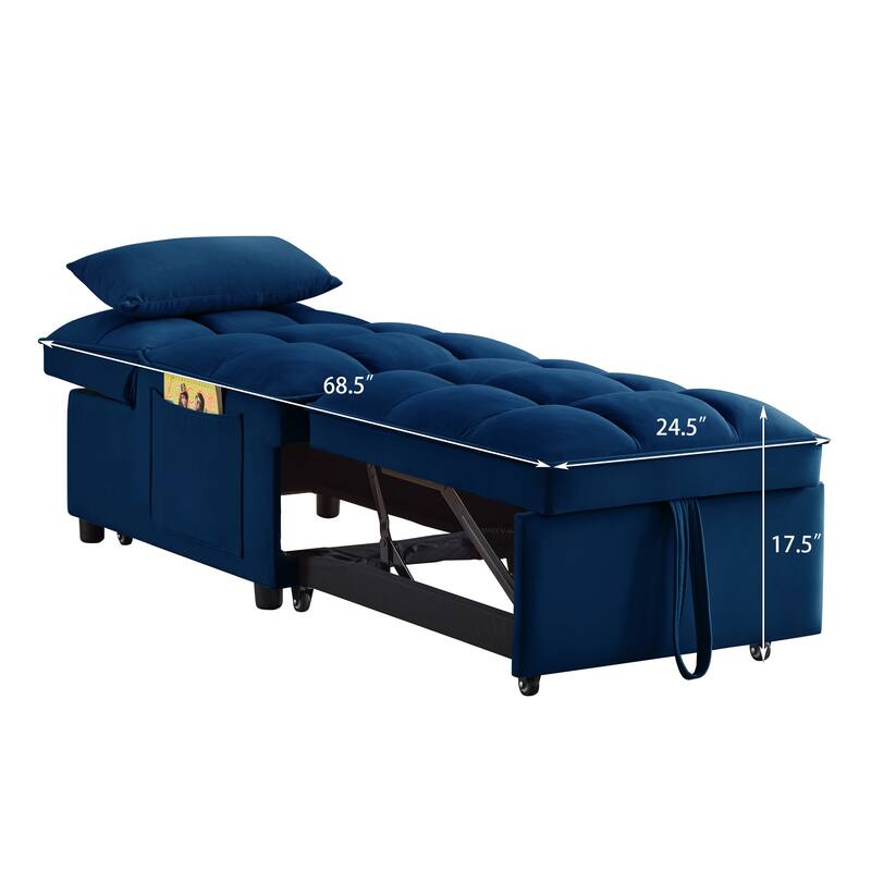Velvet Multi-Function Chair Bed with Adjustable Backrest, Storage Pockets and Convertible Chaise Design