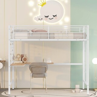 Modern Style Loft Bed with Built-in Ladder, Desk and Grid, Space-saving, Twin Size