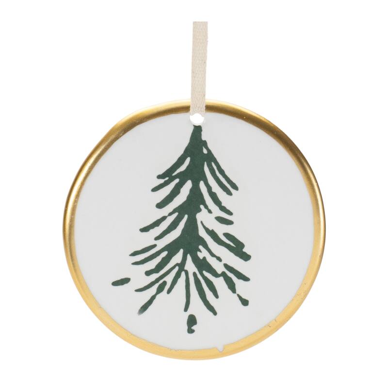Set of 12 White Green Gold Ceramic Christmas Tree Ornaments Pine Disc Decor for Tree - 3.25”L x 0.25”W x 3.5”H