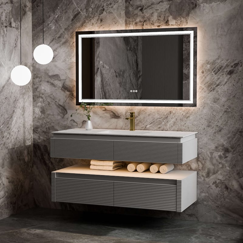 Modland 48" Modern Wall-Mounted Single Sink Bathroom Vanity with Engineered Stone Countertop,Soft-Close Drawers
