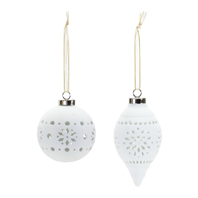 6 White Finish Snowflake Porcelain Christmas Ball Ornament 4-5.5"