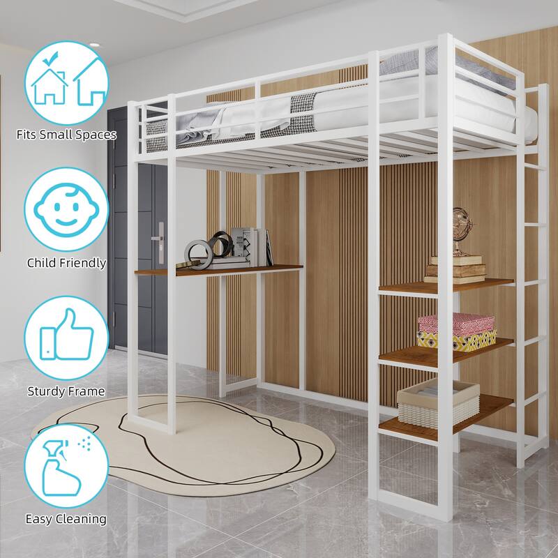 Space-Saving Iron Frame Bunk Bed with L-Shaped Desk and Dual Stairs
