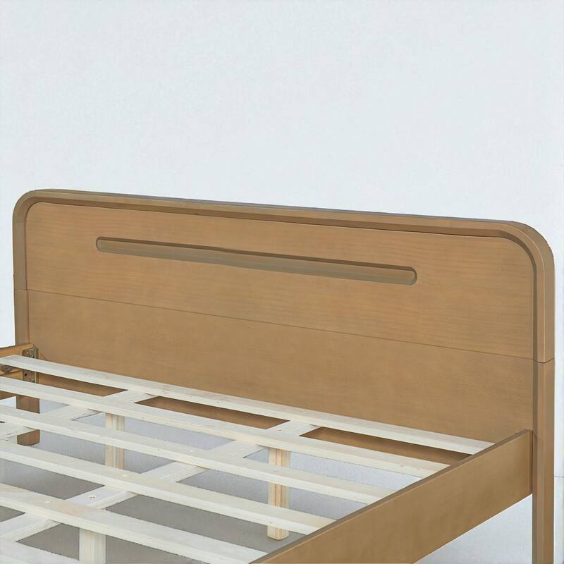 Queen/King Size Bed with Solid Pine Wood Frame, No Box Spring, Stable, Elegant Headboard