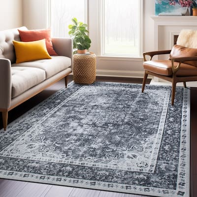 Traditional Distressed Medallion Machine Washable Area Rug