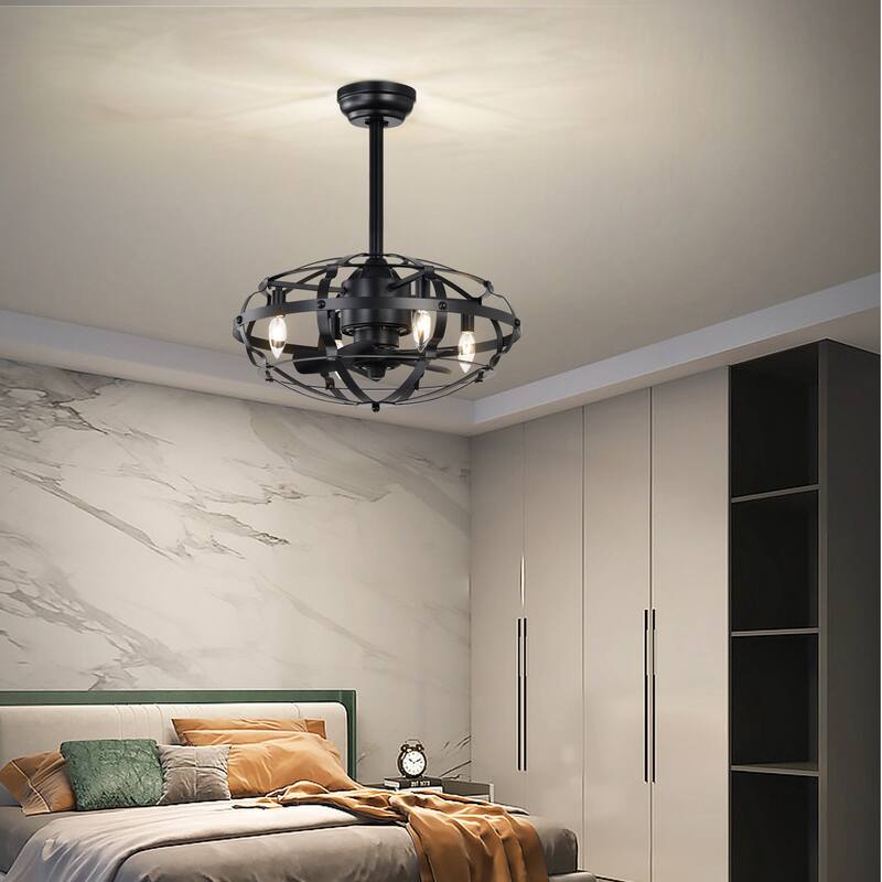 20" Industrial Ceiling Fan Light Kit for Living Room Bedroom Kitchen and Bladeless Caged Ceiling Fan with Lights - 20 Inches