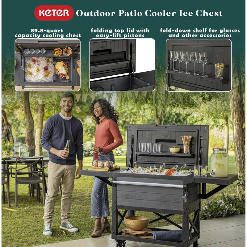 Keter Outdoor Patio Cooler Chest, 89.8 Qt Beverage Bar Cart w/ Wheels, Graphite