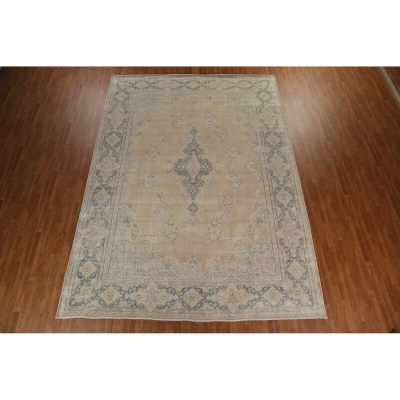 Distressed Floral Kerman Persian Area Rug Hand-knotted Wool Carpet - 10'1" x 14'1"