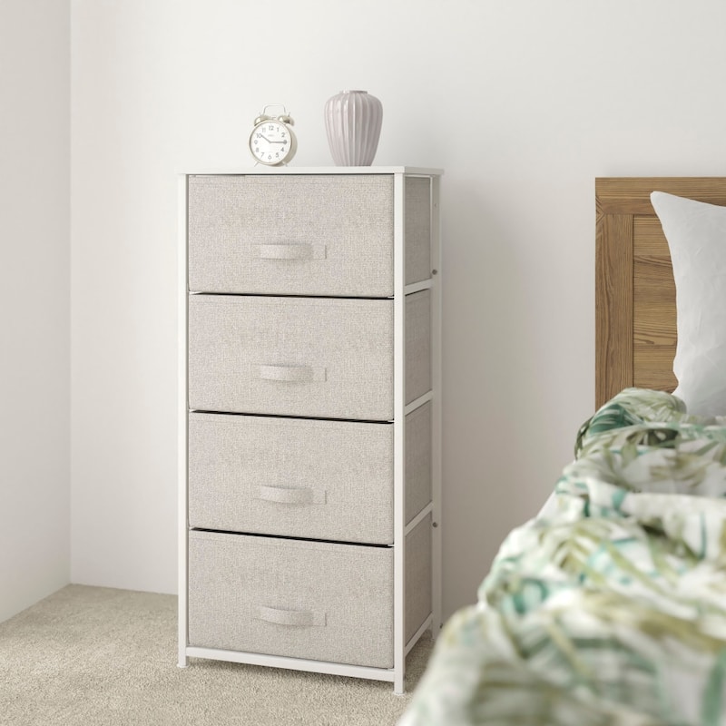 4 Drawer Vertical Storage Dresser with Wood Top & Fabric Pull Drawers - White/Gray