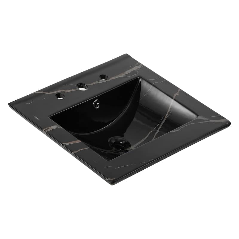 Aubert 3-Hole Classic Contemporary Rectangular Ceramic Single Sink Basin Vanity Top, by JONATHAN Y - 20 in. - Black Marble Effect