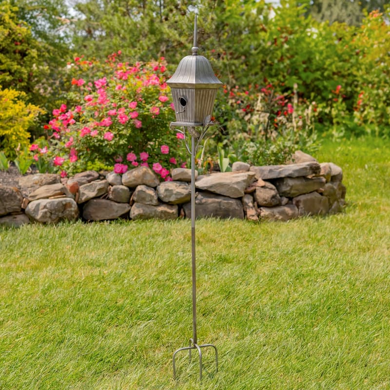 65.5" Tall Iron Birdhouse Stake "Riga" - 8.75" L x 7.75" W x 65.5" H