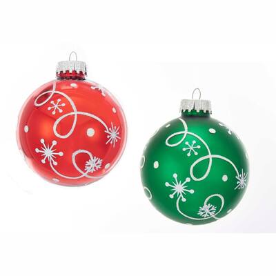 Kurt Adler 80MM Red And Green With Swirl Design Glass Ball Ornaments 6-Piece Box - 3.15"
