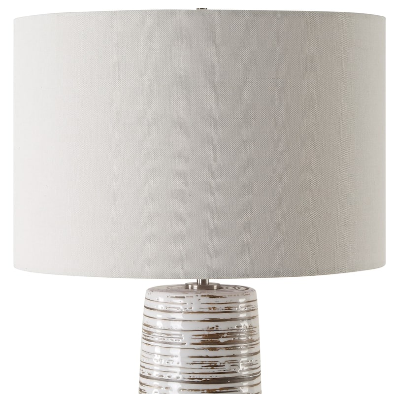 Glazed and Ribbed Table Lamp with Drum Shade - 29.5" - White and Beige