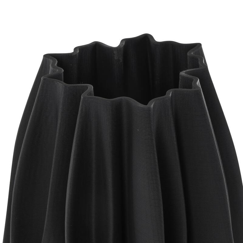 Ceramic Abstract Dimensional Wavy Ribbed Decorative Vase with Floral Shaped Rim - Black - Roche River Decor