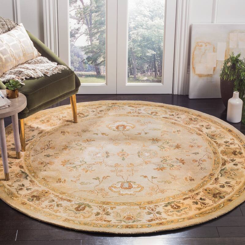 SAFAVIEH Handmade Bergama Petkana Oriental Hand-spun Wool Rug - 8' Round - Khaki/Ivory