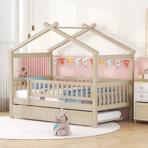 slide 2 of 46, Nordic Twin Size Wooden House Bed with Twin Size Trundle Bed Frame & Safety Guard Rails No Box Spring Needed, Easy Assembly Natural