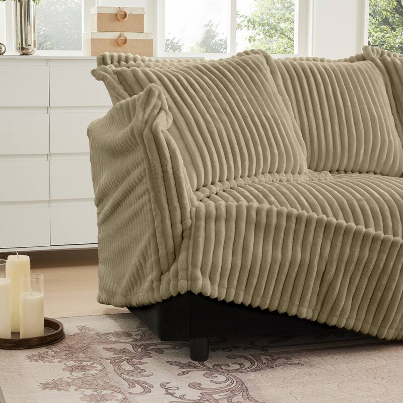 Corduroy 2-Seater Sectional Sofa with Convertible Ottoman & Pillows